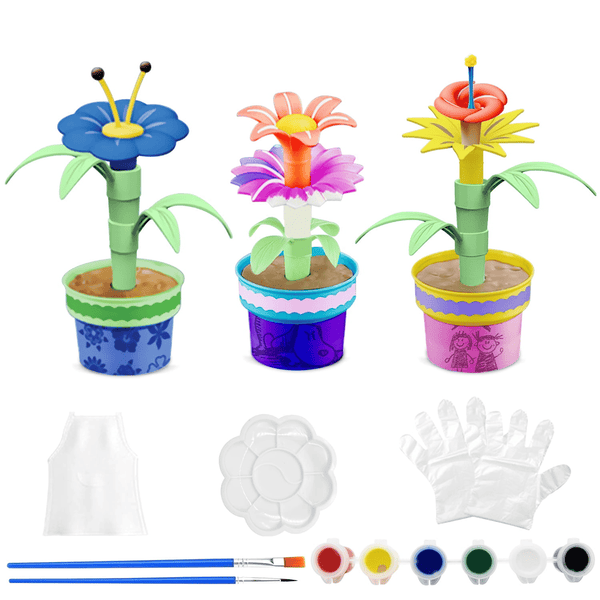 3 Pack Artificial Potted Flowers, Realistic Flower Pots with Paint Set, DIY Flower Craft Kit for Kids Gift Home Office Decoration Desktop Decor (31 Pcs) EasyOptionXY LLC