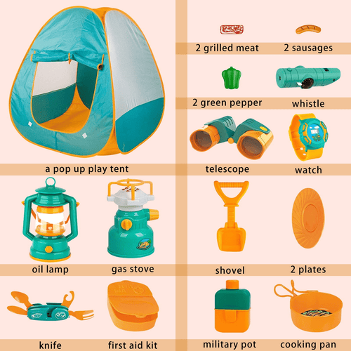 Kids Camping Set, 19 Pcs Kids Play Tent with Stove and Oil Lamp, Outdoor Toys Pretend Camping Tool Set for Boys and Girls EasyOptionXY LLC