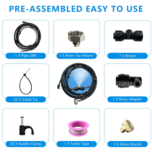 Misters for Outside Patio, 26Ft (8M) Outdoor Misting Cooling System, Water Misting Kit for Porch, Canopy, Deck, Garden, Yard, Trampoline Sprinkler Accessories for Kids, Black EasyOptionXY LLC