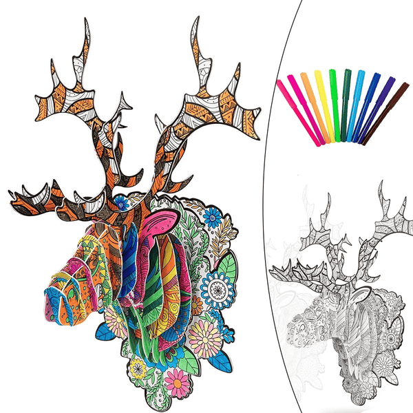 Kids 3D Puzzle Set Elk, Art Coloring Painting Puzzle with 10 Coloring Pen Educational Creative DIY Toy Gift for for 3 4 5 6 7 8 9 10 11 12 Year Old Girls Boys EasyOptionXY LLC