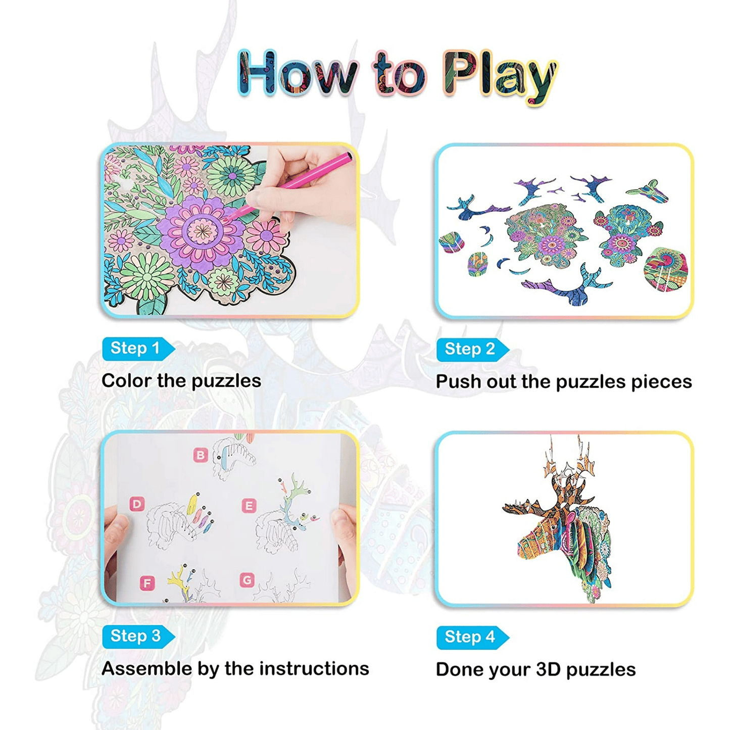 Kids 3D Puzzle Set Elk, Art Coloring Painting Puzzle with 10 Coloring Pen Educational Creative DIY Toy Gift for for 3 4 5 6 7 8 9 10 11 12 Year Old Girls Boys EasyOptionXY LLC