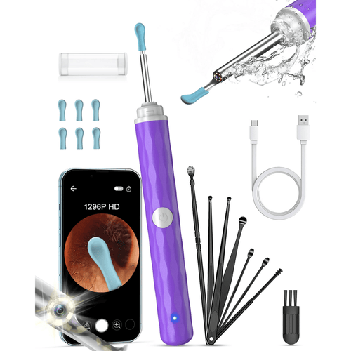 KEKOY Ear Cleaner with Camera, Wireless Otoscope Ear Camera and Wax Remover with 14 Pieces Accessories, 1296P Ear Wax Removal Kit with Light, Ear Camera for iPhone, iPad, Android Phones, Purple EasyOptionXY LLC