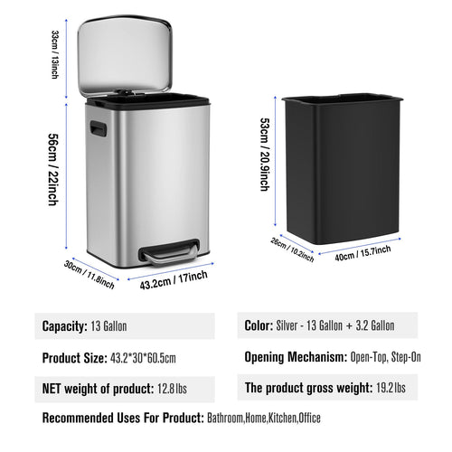 Miniyam 50L/13Gal Stainless Steel Trash Can with Soft Close Lid, Fingerprint-Resistant, Silver EasyOptionXY LLC