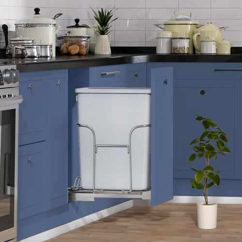 Dextrus 32 Quart Pull-Out Trash Can Recycling Bin with Lid for 14.2" W x 22" D x 24.8" H Minimum Cabinets, Sliding Under Mount Kitchen Waste Garbage Container with Soft-Close Slides, Gray EasyOptionXY LLC