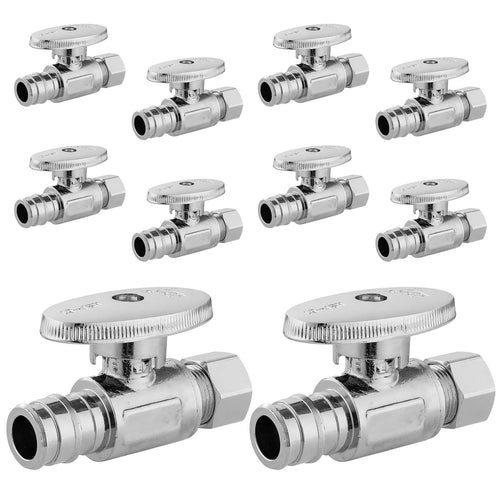 10 Pcs 1/2" PEX Expansion x 3/8" OD Compr. Straight Stop Valve, 1/4 Turn (Lead Free) Plumbingsell