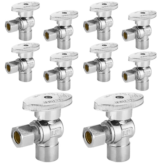 10 Pcs 1/2" Sweat x 3/8" OD Compr. Angle Stop Valve, 1/4 Turn (Lead Free)