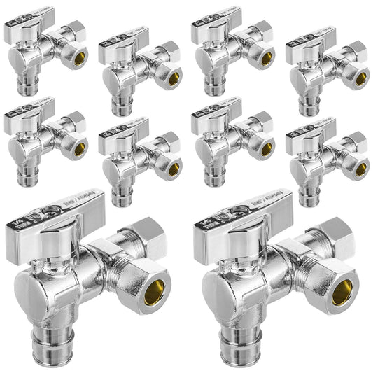 10 Pcs 1/2" Pex-a Expansion (F1960) Inlet x 3/8" OD Compr. x 3/8" OD Compr. Split, Angle Stop Valve, Quarter Turn (Lead Free)