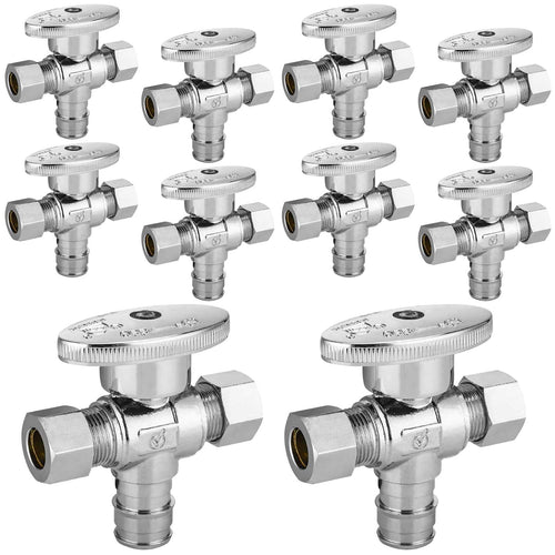 10 Pcs 1/2" PEX Expansion x 3/8" OD Compr. x 3/8" OD Compr. Dual Outlet Angle Stop Valve, 1/4 Turn (Lead Free) Plumbingsell