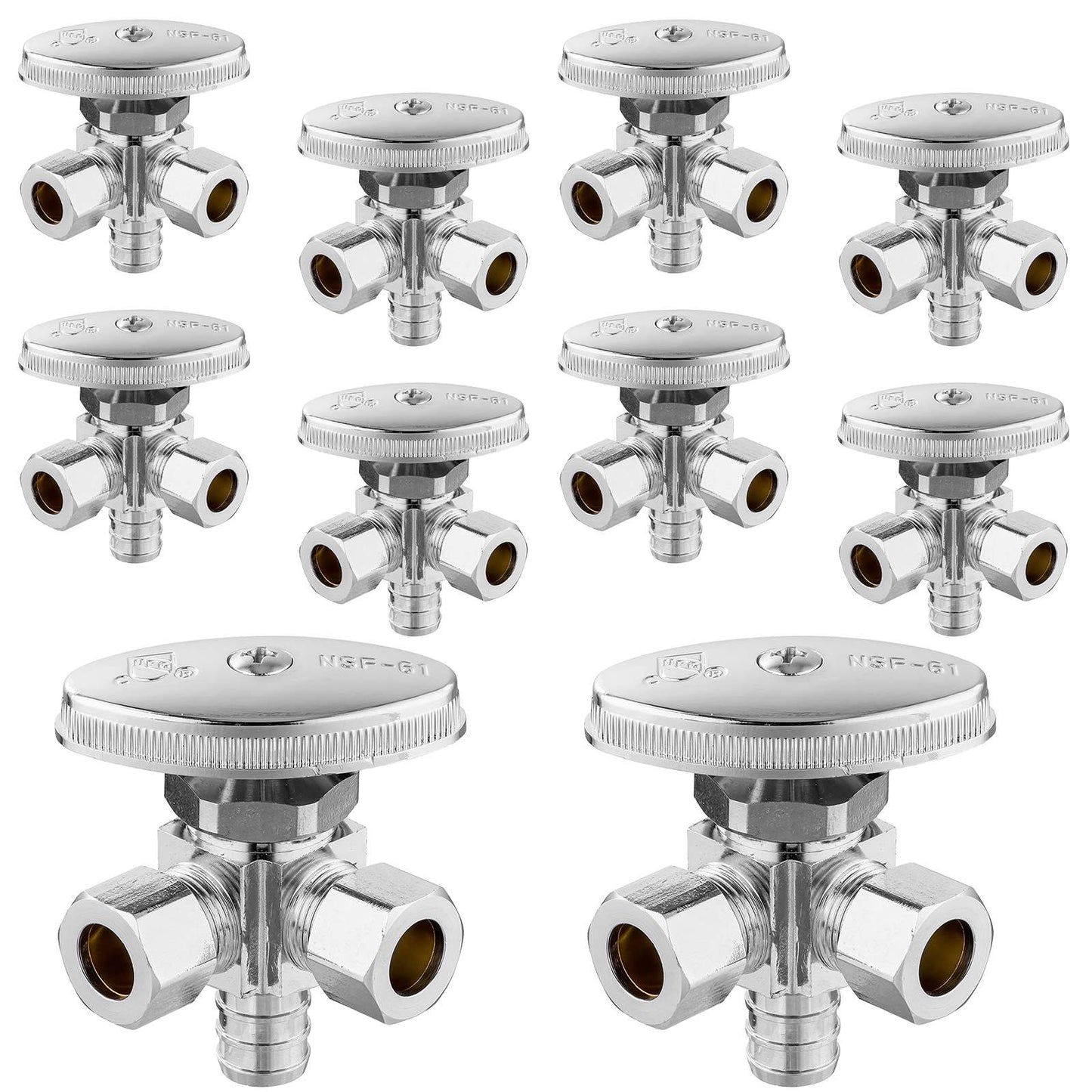 10 Pcs 1/2" PEX Crimp x 3/8" ODx 3/8" OD Compr. Dual Angle Stop Valve, Multi Turn (Lead Free)