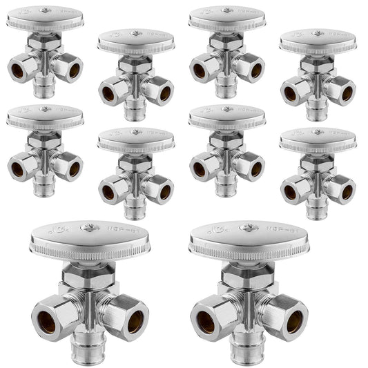 10 Pcs 1/2" Pex-a Expansion (F1960) Inlet x 3/8" ODx 3/8" OD Compr. Dual Angle Stop Valve, Multi Turn (Lead Free)