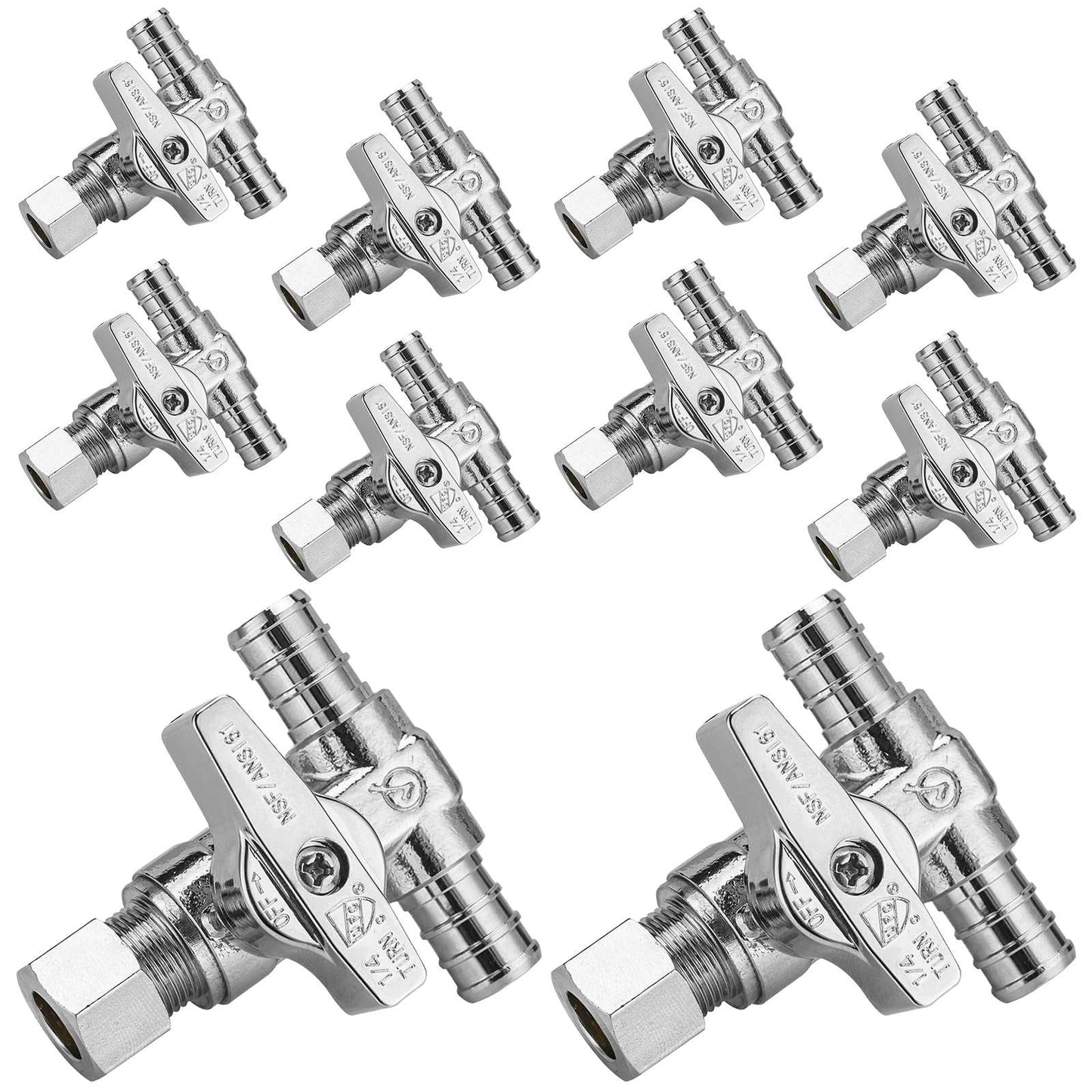 10 Pcs 1/2" PEX Crimp x 1/2" PEX Crimp x 3/8" OD Compr. Tee Stop Valve, 1/4 Turn (Lead Free)
