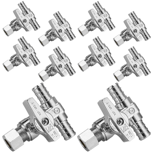 10 Pcs 1/2" PEX Crimp x 1/2" PEX Crimp x 3/8" OD Compr. Tee Stop Valve, 1/4 Turn (Lead Free)