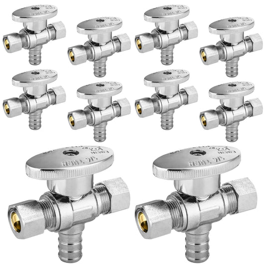 10 Pcs 1/2" PEX Crimp x 3/8" OD Compr. x 3/8" OD Compr. Dual Outlet Angle Stop Valve, 1/4 Turn (Lead Free)