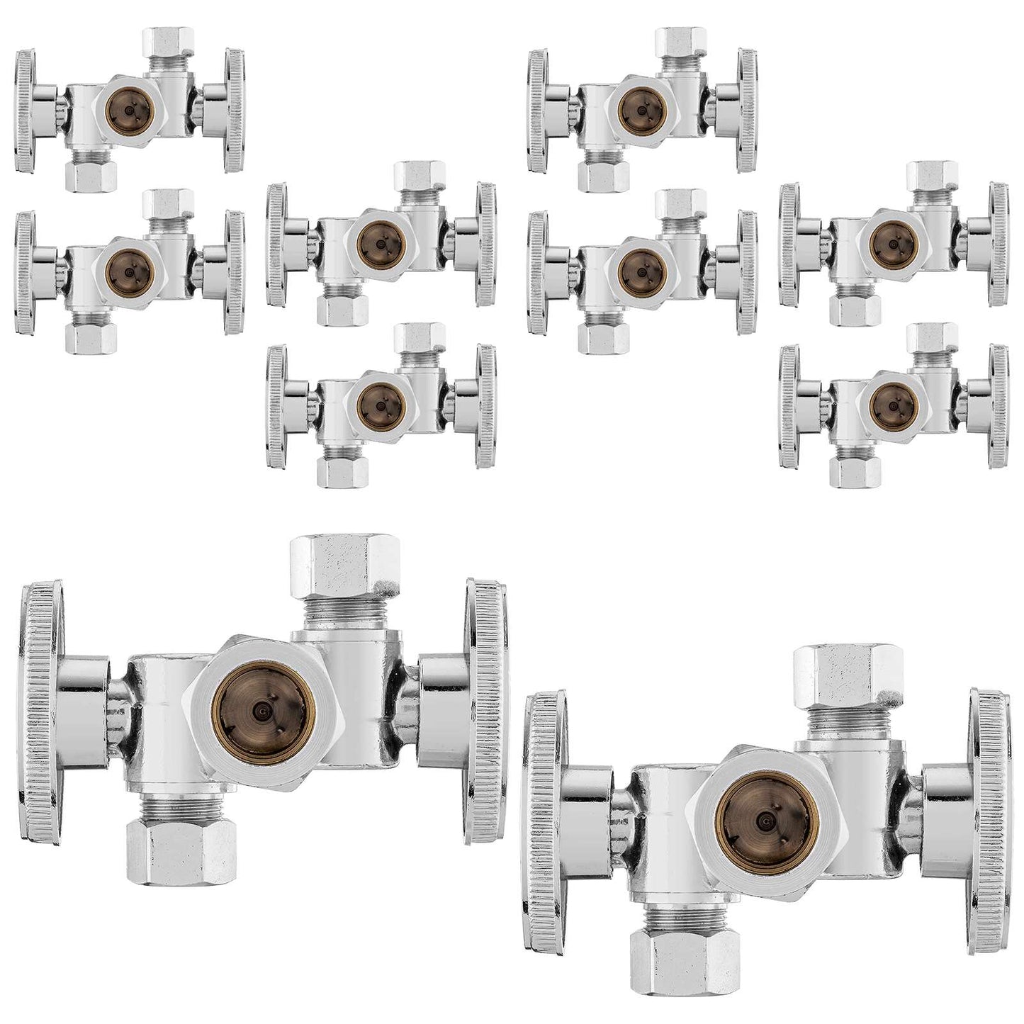 10 Pcs 5/8" OD Compr. x 3/8" OD Compr. x 3/8" OD Compr. 3-Way Stop Valve, Multi Turn (Lead Free)