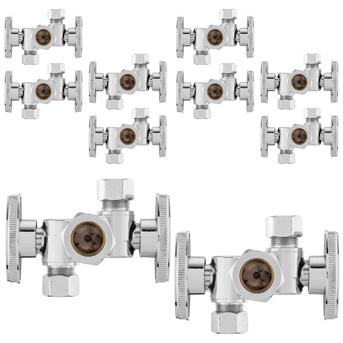 10 Pcs 5/8" OD Compr. x 3/8" OD Compr. x 3/8" OD Compr. 3-Way Stop Valve, Multi Turn (Lead Free) Plumbingsell