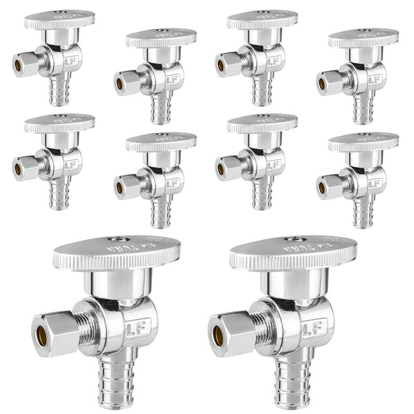 10 Pcs 1/2" PEX Crimp x 1/4" OD Compr. Angle Stop Valve, 1/4 Turn (Lead Free) Plumbingsell