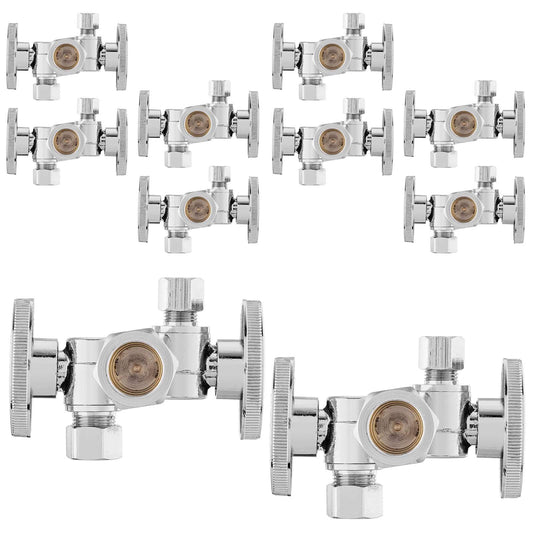 10 Pcs 5/8" ODx 3/8" OD Compr. x 1/4" OD Compr. Dual Stop Valve, 1/4 Turn (Lead Free)