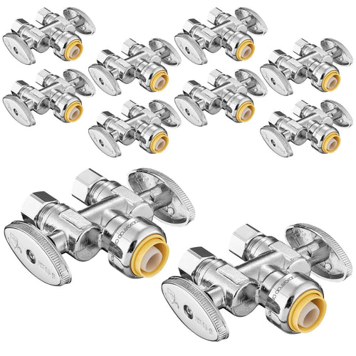 10 Pcs 1/2" Push Connect x Dual 3/8" OD Compr. Compr. Straight Stop Valve, 1/4 Turn (Lead Free) Plumbingsell