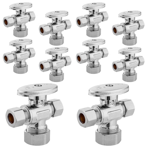 10 Pcs 5/8" OD Compr. x 3/8" OD Compr. x 3/8" OD Compr. Dual Outlet Angle Stop Valve, 1/4 Turn (Lead Free) Plumbingsell