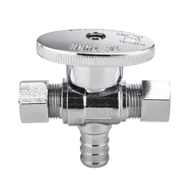 1/2" PEX Crimp x 3/8" OD Compr. x 3/8" OD Compr. Dual Outlet Angle Stop Valve, 1/4 Turn (Lead Free)