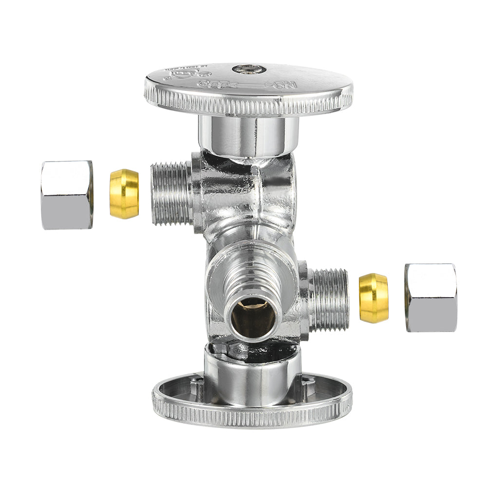 10 Pcs 1/2" PEX Crimp x 3/8" OD Compr. x 3/8" OD Compr. Dual Stop Valve, 1/4 Turn (Lead Free)