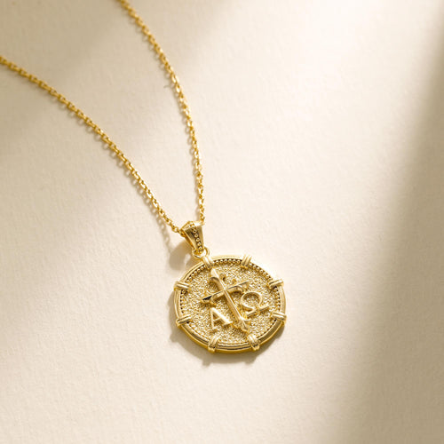 Alpha Omega Fleur-de-Lis Cross Medallion Necklace vanimy