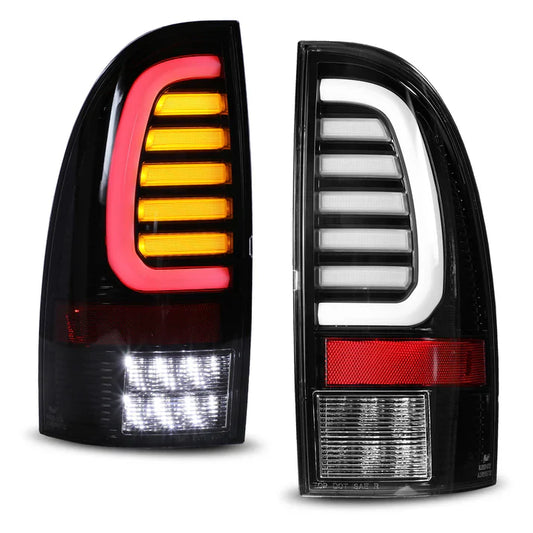 Winjet 2005-2015 Toyota Tacoma LED Sequential Tail Light w/Yellow Turn Signal - Glossy Black / Clear