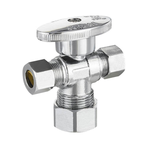 5/8" OD Compr. x 3/8" OD Compr. x 3/8" OD Compr. Dual Outlet Angle Stop Valve, 1/4 Turn (Lead Free) Plumbingsell
