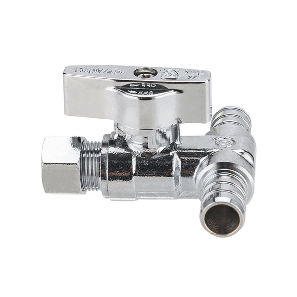 1/2" PEX Crimp x 1/2" PEX Crimp x 3/8" OD Compr. Tee Stop Valve, 1/4 Turn (Lead Free)