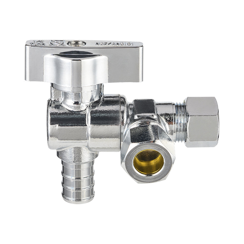 10 Pcs 1/2" PEX Crimp x 3/8" ODx 3/8" OD Compr. Split Angle Stop Valve, Quarter Turn (Lead Free)