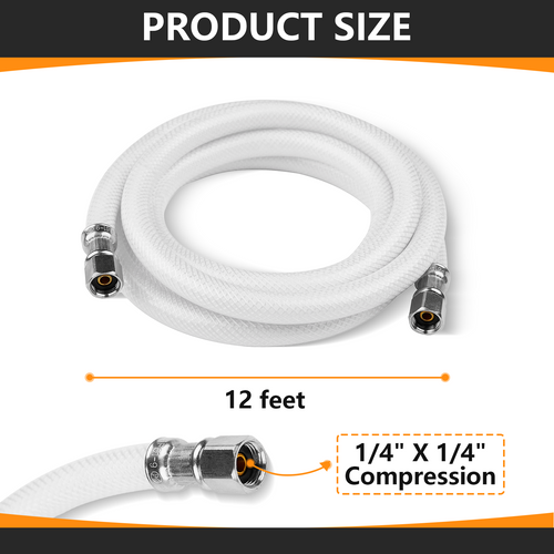 12ft Fridge Ice Maker Water Connector Line, Polyester Reinforced PVC, 1/4" Comp By 1/4" Comp Connection, White
