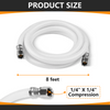 8ft Fridge Ice Maker Water Connector Line, Polyester Reinforced PVC, 1/4" Comp By 1/4" Comp Connection, White
