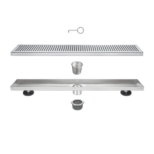 24" Linear Shower Drain, Square Hole Pattern Shower Drain, Brushed 304 Stainless Steel Linear Drain with Levelingft & Hair Strainer