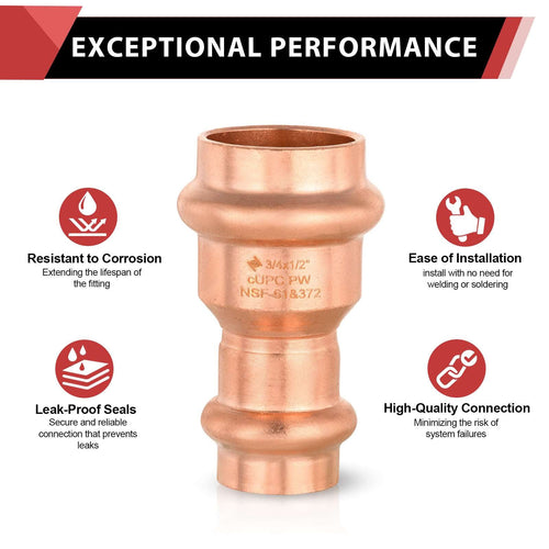 3/4" x 1/2" Copper Press x Press Coupling NO Stop (Lead Free) Plumbingsell