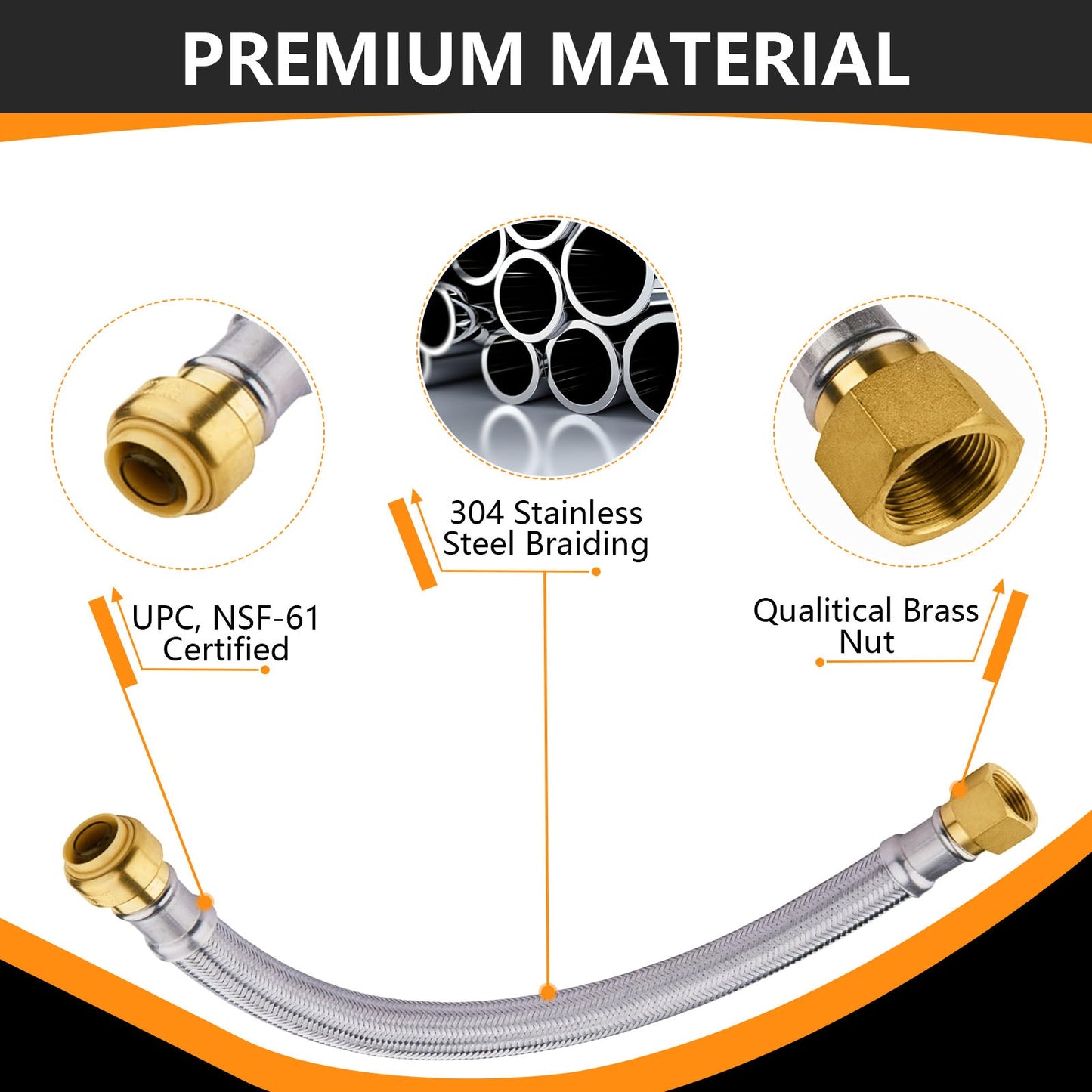 1/2" Push fit x 3/4" FIP, 24" Flexible Water Heater Connector Hose