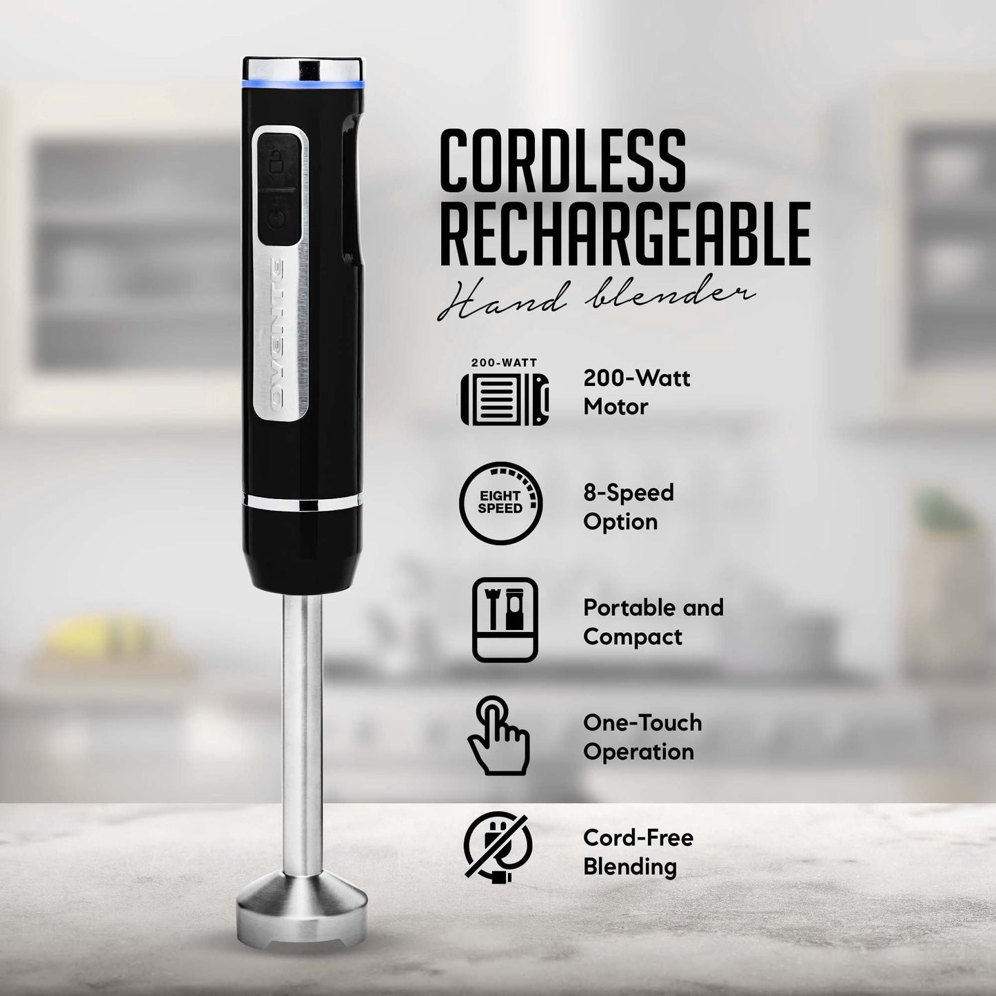 Ovente Electric Cordless Immersion Hand Blender 200 Watt 8-Mixing Speed with Stainless Steel Blades, Heavy-Duty Portable & Rechargeable Perfect for Smoothies, Puree Baby Food & Soup, Black HR781B EasyOptionXY LLC