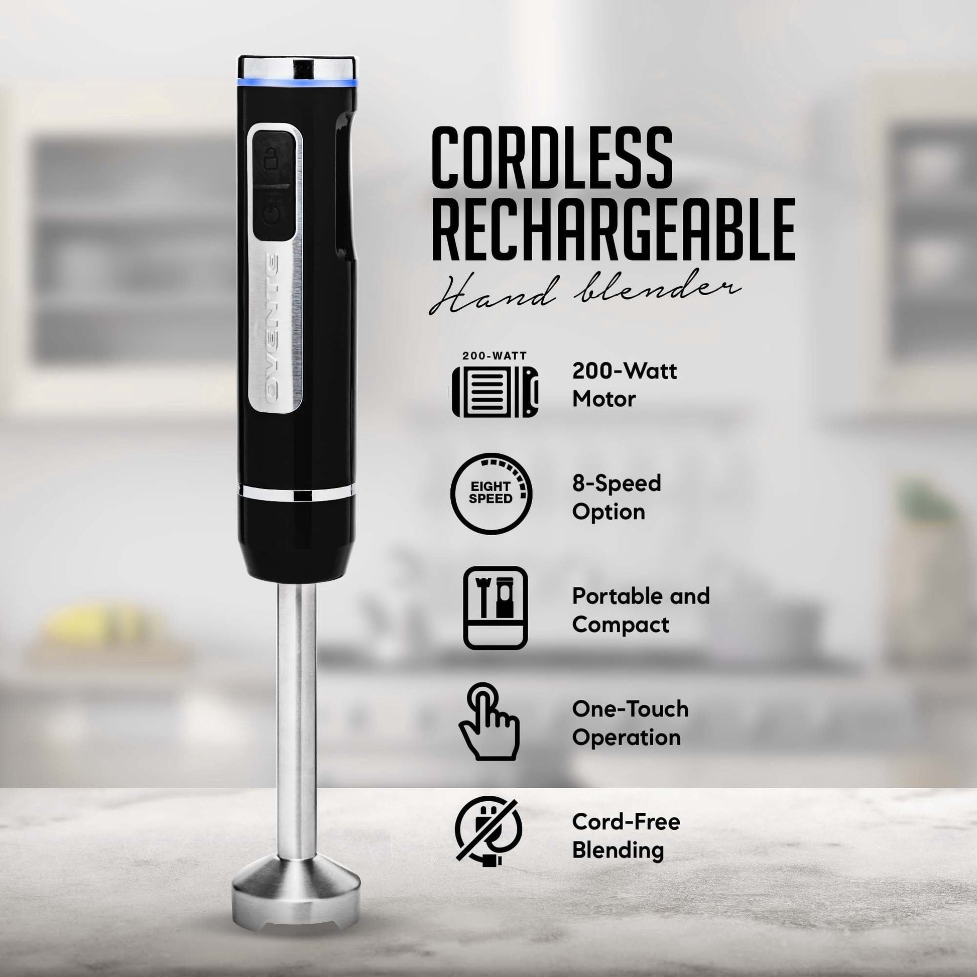Ovente Electric Cordless Immersion Hand Blender 200 Watt 8-Mixing Speed with Stainless Steel Blades, Heavy-Duty Portable & Rechargeable Perfect for Smoothies, Puree Baby Food & Soup, Black HR781B EasyOptionXY LLC