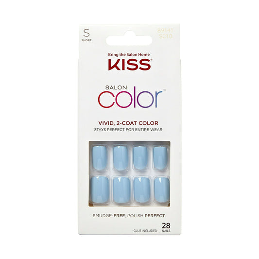 Kiss Salon Color Short Square Fake Nails, Glossy Solid Blue, 28 Count