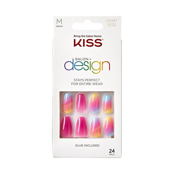KISS Salon Design Short Coffin Glue-On Nails, Glossy Light Multicolored, 'The Motto', 24 Ct. EasyOptionXY LLC