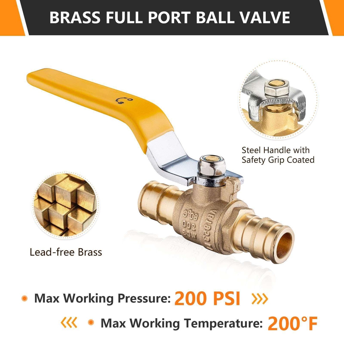 10 Pcs 1/2" PEX Expansion Ball Valve, Yellow (Lead Free)