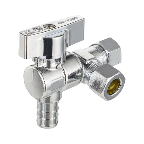 1/2" PEX Crimp x 3/8" ODx 3/8" OD Compr. Split Angle Stop Valve, Quarter Turn (Lead Free) Plumbingsell