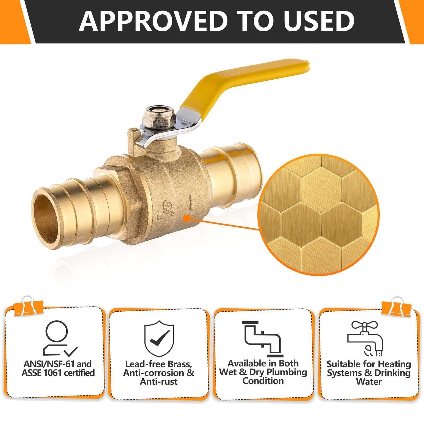 10 Pcs 1" PEX Expansion Ball Valve, Yellow (Lead Free)