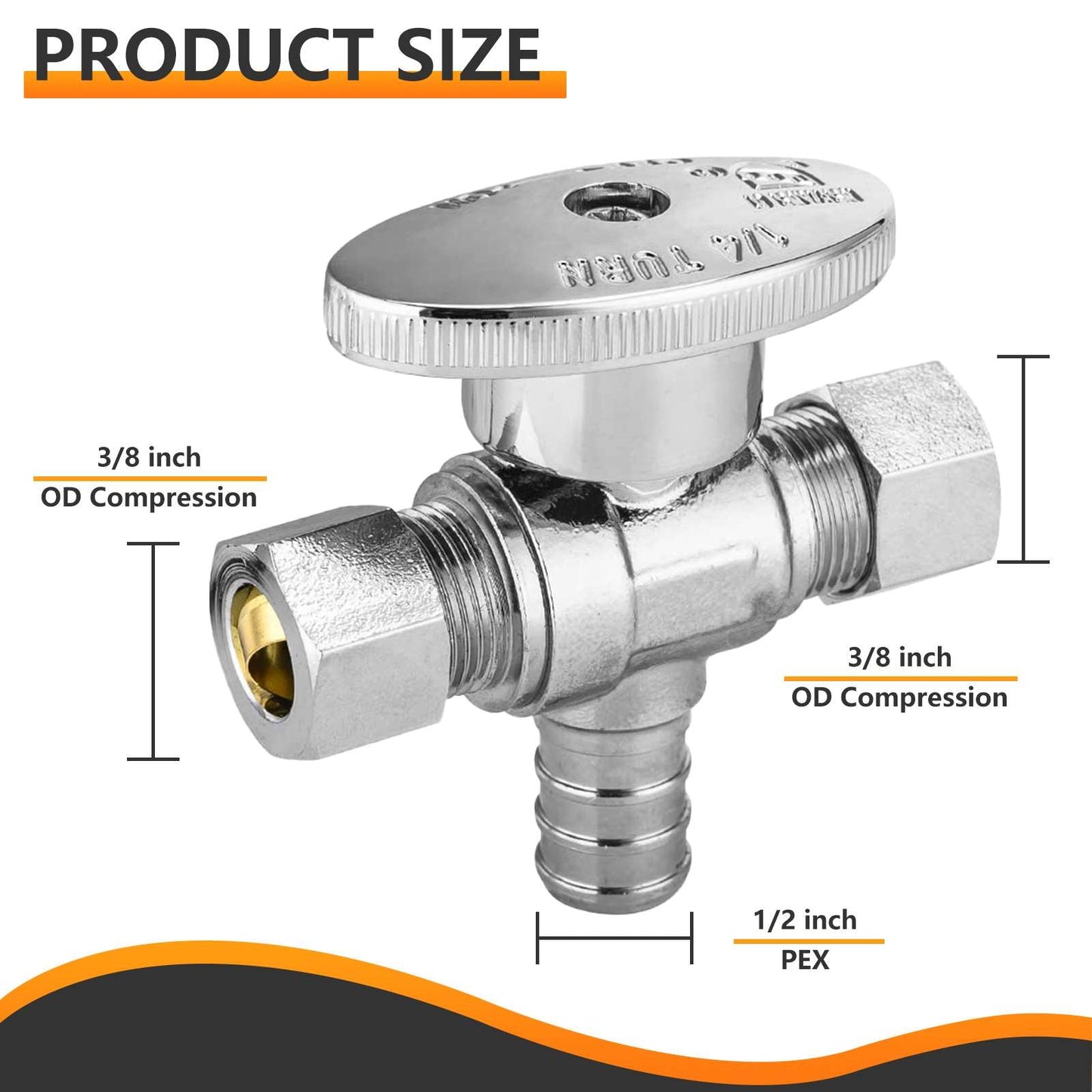 10 Pcs 1/2" PEX Crimp x 3/8" OD Compr. x 3/8" OD Compr. Dual Outlet Angle Stop Valve, 1/4 Turn (Lead Free)
