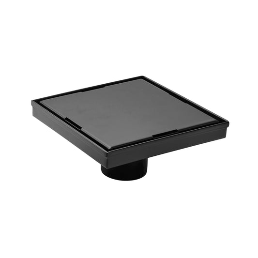 4" Square Shower Drain with Flat Cover, Stainless Steel Shower Floor Drain with 2 in 1 Flat & Tile Insert Cover, Floor Shower Drain with Hair Strainer, Matte Black