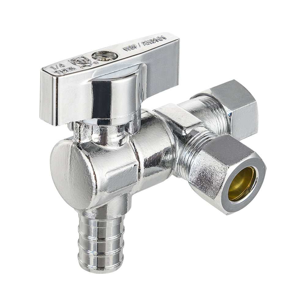 10 Pcs 1/2" PEX Crimp x 3/8" ODx 3/8" OD Compr. Split Angle Stop Valve, Quarter Turn (Lead Free)