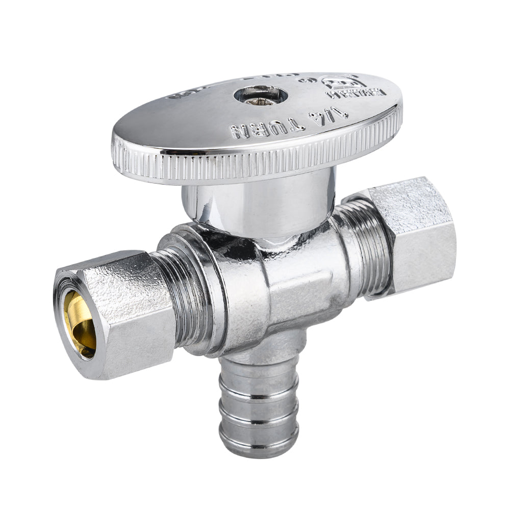10 Pcs 1/2" PEX Crimp x 3/8" OD Compr. x 3/8" OD Compr. Dual Outlet Angle Stop Valve, 1/4 Turn (Lead Free)