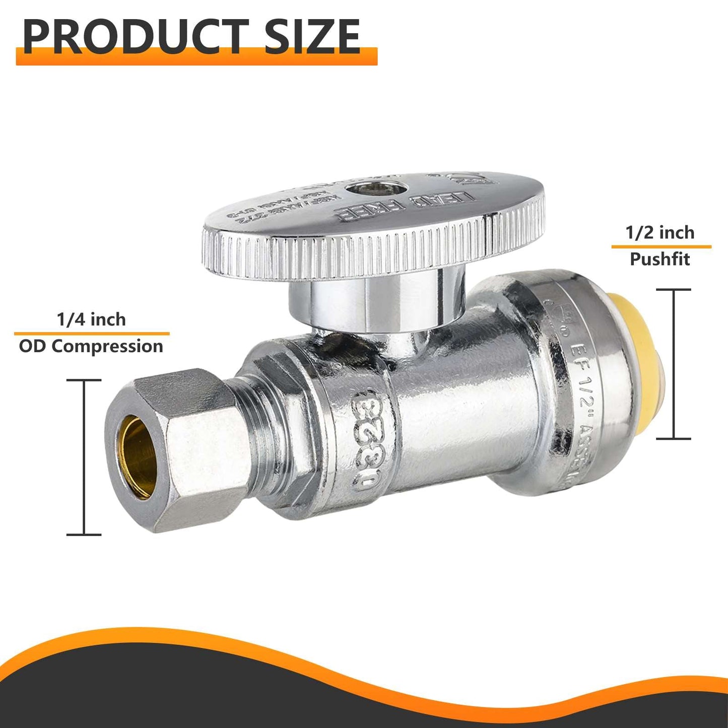 10 Pcs 1/2" Push Connect x 1/4" OD Straight Stop Valve, 1/4 Turn (Lead Free)