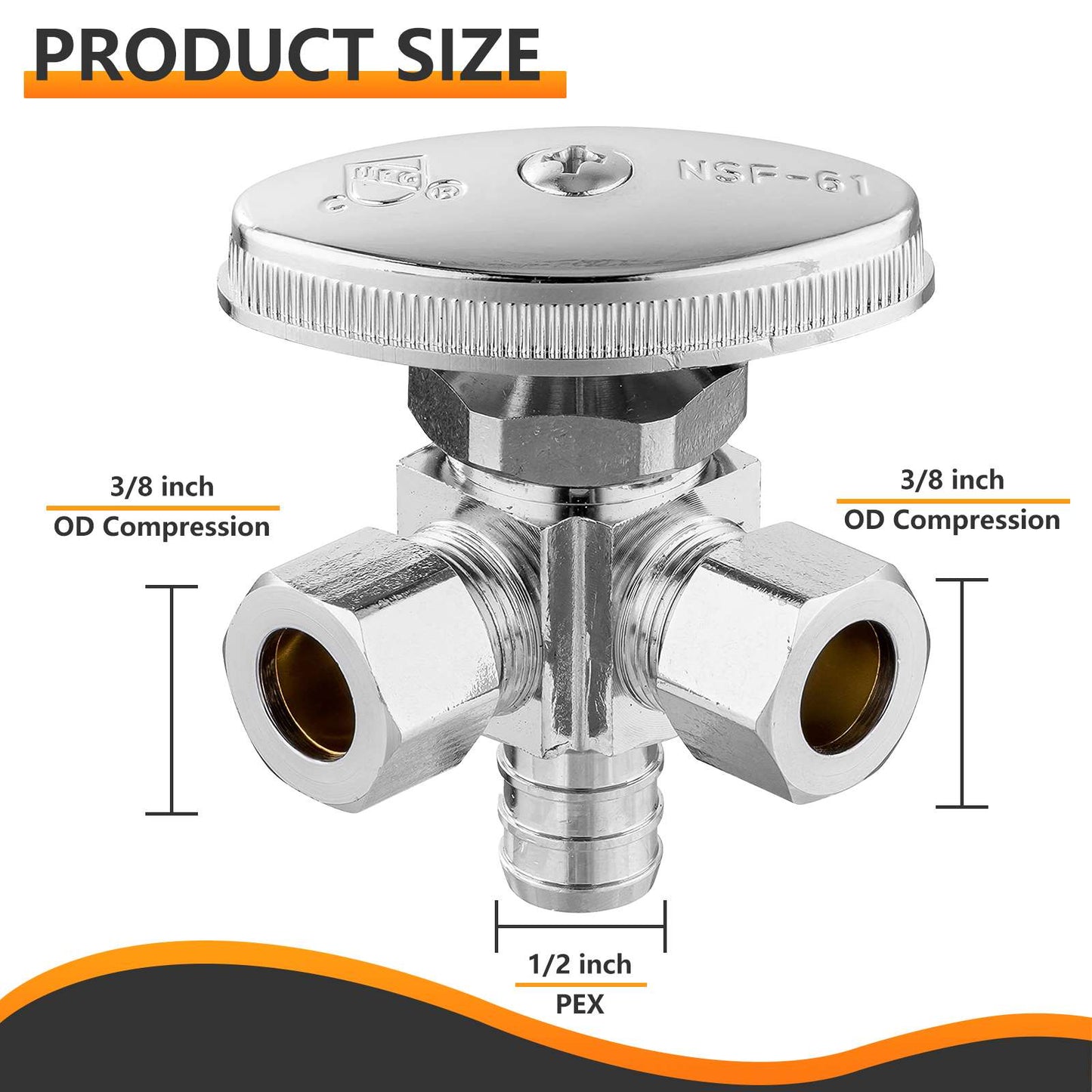 10 Pcs 1/2" PEX Crimp x 3/8" ODx 3/8" OD Compr. Dual Angle Stop Valve, Multi Turn (Lead Free)
