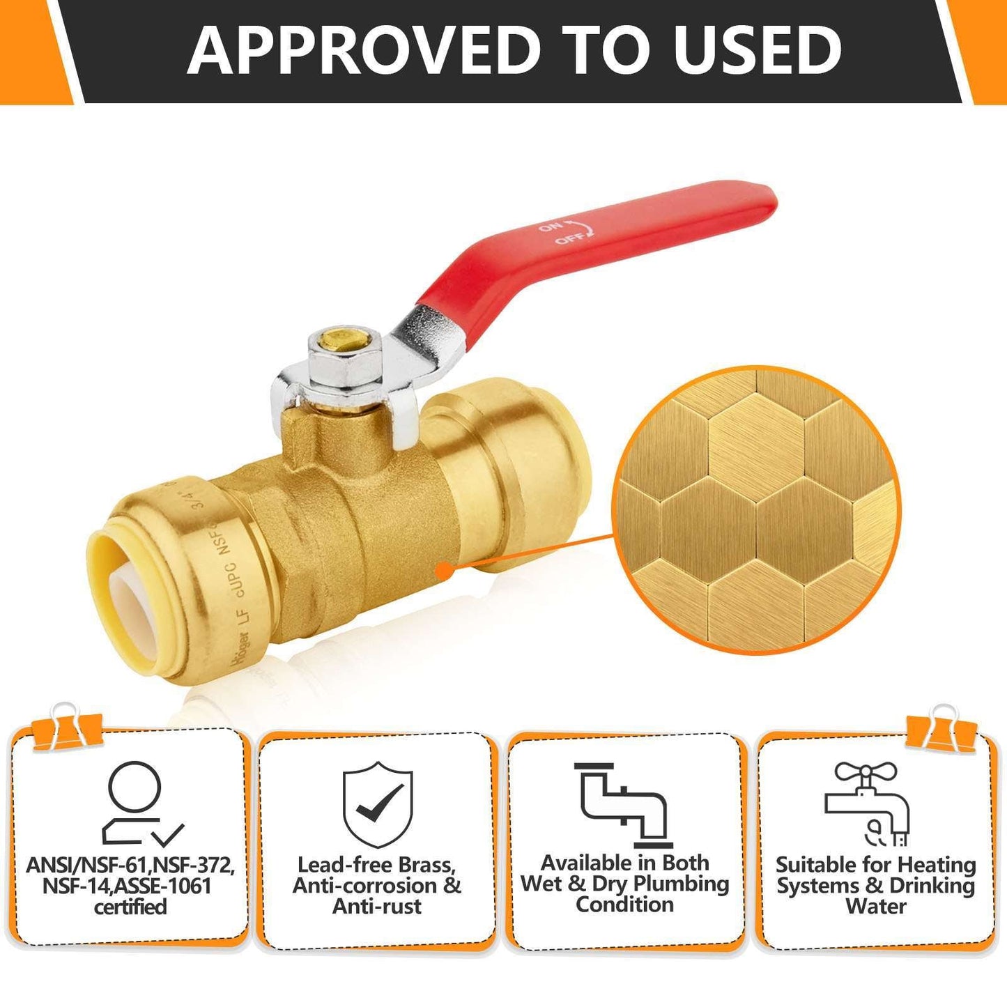 10 Pcs 3/4" Push Fit Ball Valve, Red (Lead Free)