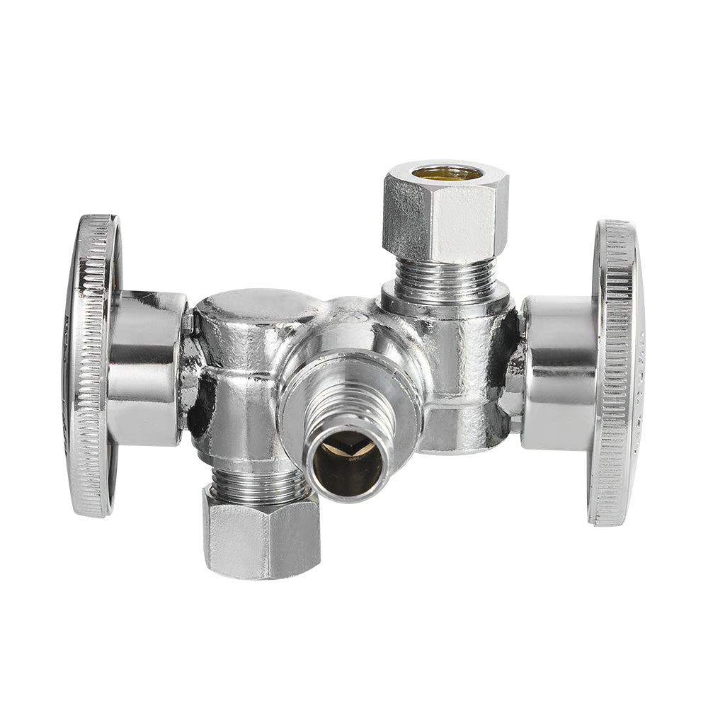 10 Pcs 1/2" PEX Crimp x 3/8" OD Compr. x 3/8" OD Compr. Dual Stop Valve, 1/4 Turn (Lead Free)